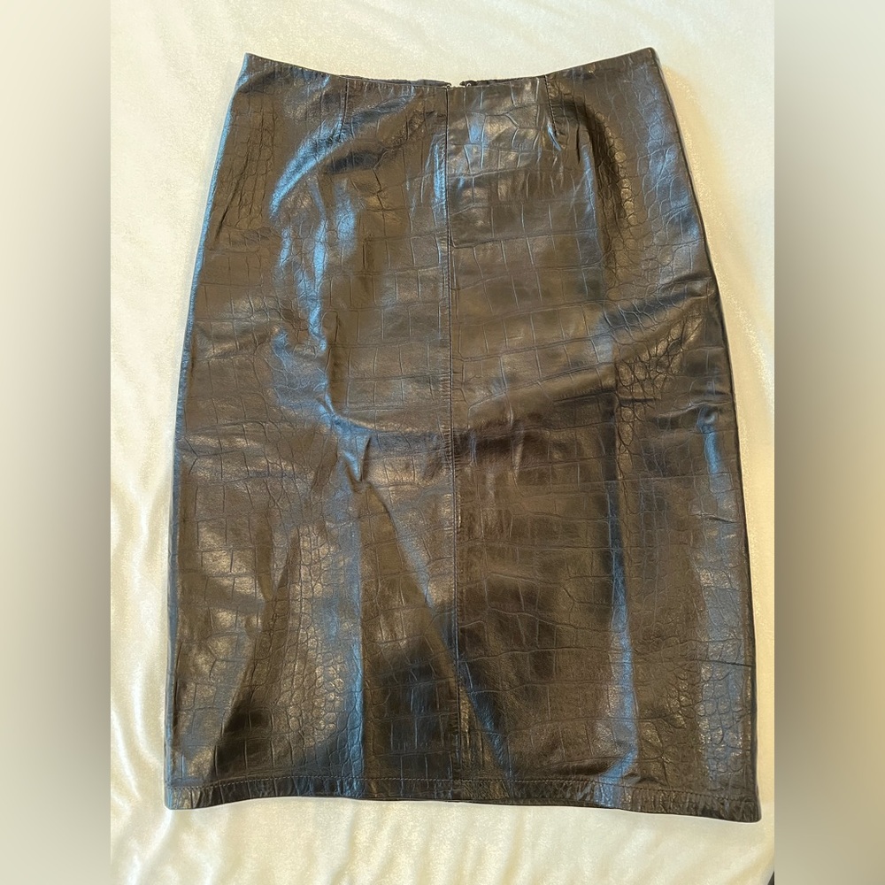 Ralph Lauren Polo Jeans Co. Black Leather Croc Embossed Skirt, Size 4